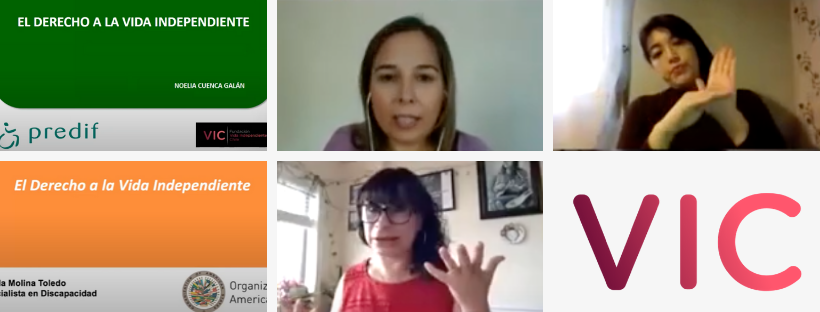 Descripción de imagen: 6 imágenes, la primera es la presentación de Noelia Cuenca, fondo verde con la frase El Derecho a la Vida Independiente con su nombre y logo de Predif y Fundación Vida Independiente. La segunda foto es de Noelia Cuenca mientras presentaba, la tercera foto es de Jazmín Aguilar interpretando. La cuarta foto abajo es la presentación de Pamela Molina, fondo naranjo con la frase El Derecho a la Vida Independiente con su nombre y logo de OEA, la quinta foto es de Pamela presentando y la sexta es del logo VIC. El pasado lunes 15 de junio se llevó a cabo nuestro primer webinar que desarrollamos como organización. En esta oportunidad contamos con la participación de dos destacadas expositoras en tema de vi…