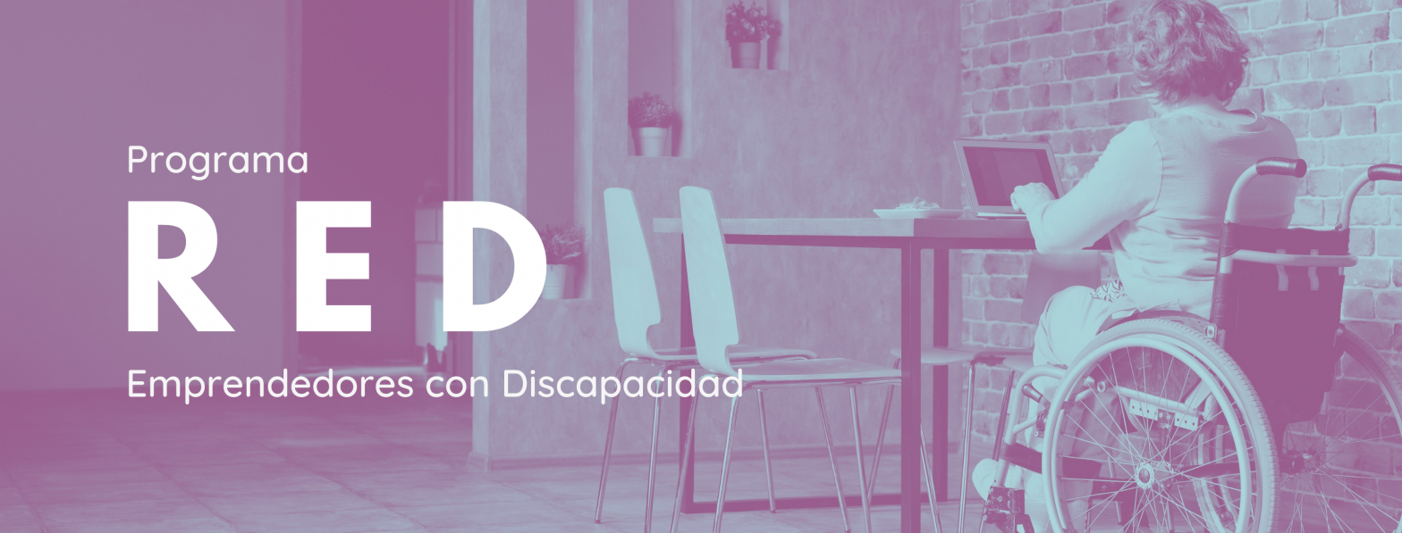Banner de fondo una foto de uma mujer en silla de ruedas frente a un computador, de espaldas a la cámara. A la derecha el texto Programa RED: Emprendedores con Discapacidad