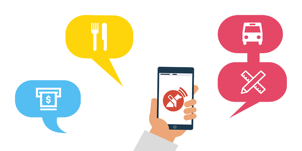 Ilustración de una mano sosteniendo un celular y dentro de este el logo de Lazarillo App. Al rededor globos de diálogo con acciones mediante iconos, como pagar, restaurante, transporte, etc.