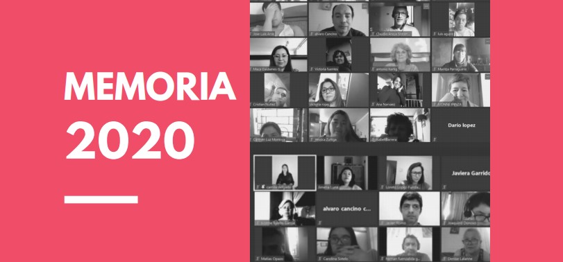 Imagen a la derecha dice Memoria 2020 y a la derecha tiene varias fotos de participantes en blanco y negro, de clases online